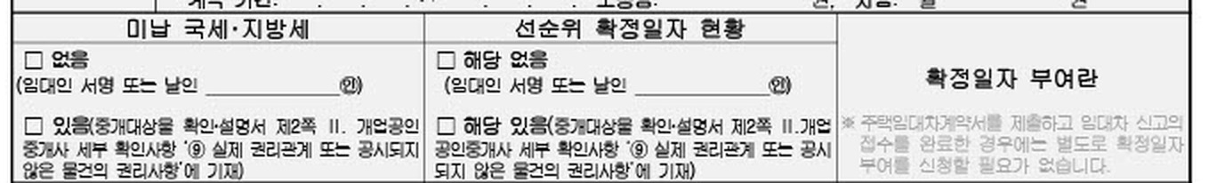 주택임대차표준계약서 [임차주택의 표시]에 있는 「미납 국세·지방세」 확인란과 「선순위 확정일자 현황」 확인란. 각각 없음·있음 선택란과 임대인 서명 또는 날인란이 나란히 배치돼 있습니다.